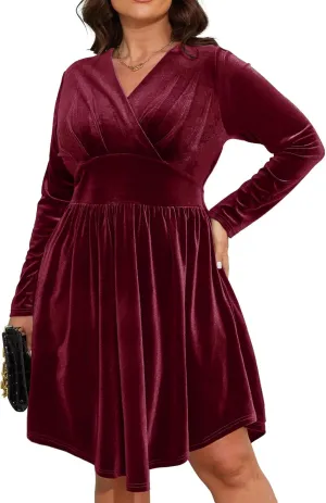 Womens Plus Size V Neck Velvet Dress Long Sleeve Wrap Empire Waist Midi Dress for Wedding Guest