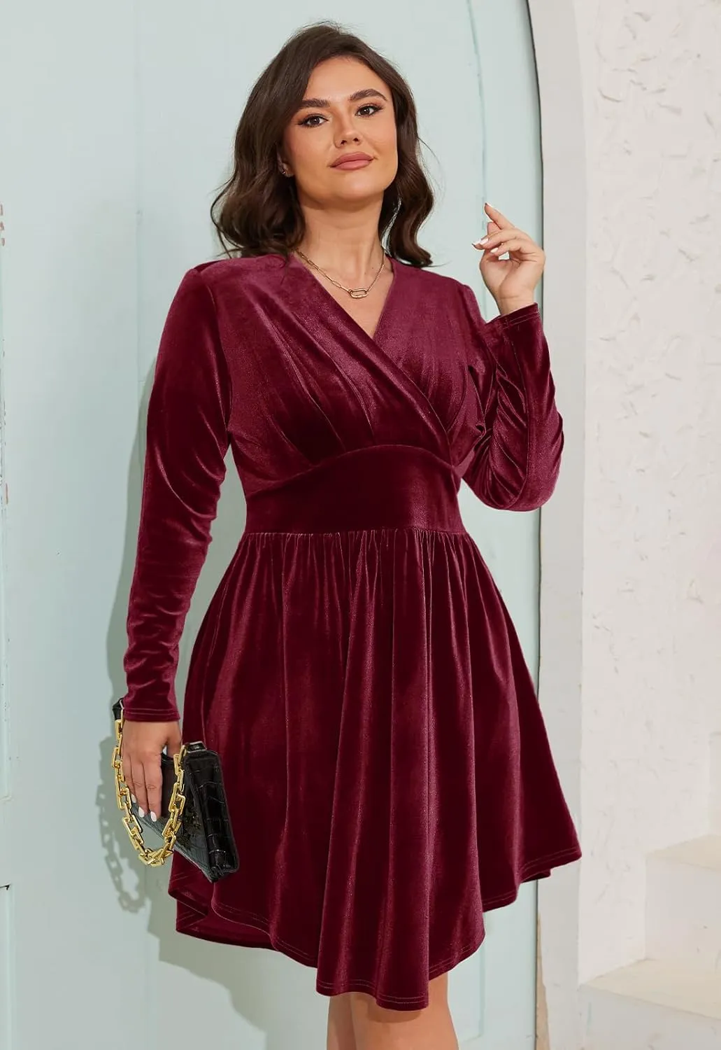 Womens Plus Size V Neck Velvet Dress Long Sleeve Wrap Empire Waist Midi Dress for Wedding Guest