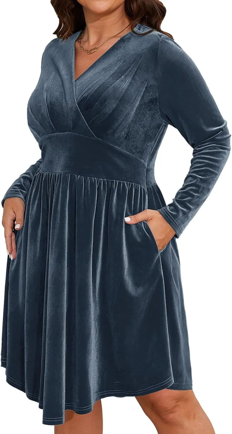 Womens Plus Size V Neck Velvet Dress Long Sleeve Wrap Empire Waist Midi Dress for Wedding Guest