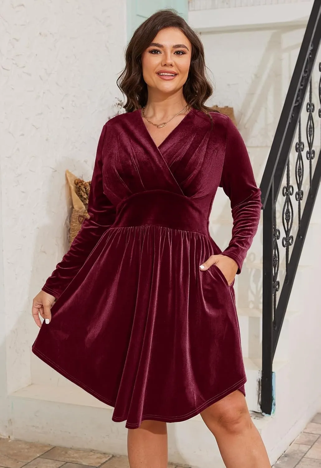 Womens Plus Size V Neck Velvet Dress Long Sleeve Wrap Empire Waist Midi Dress for Wedding Guest