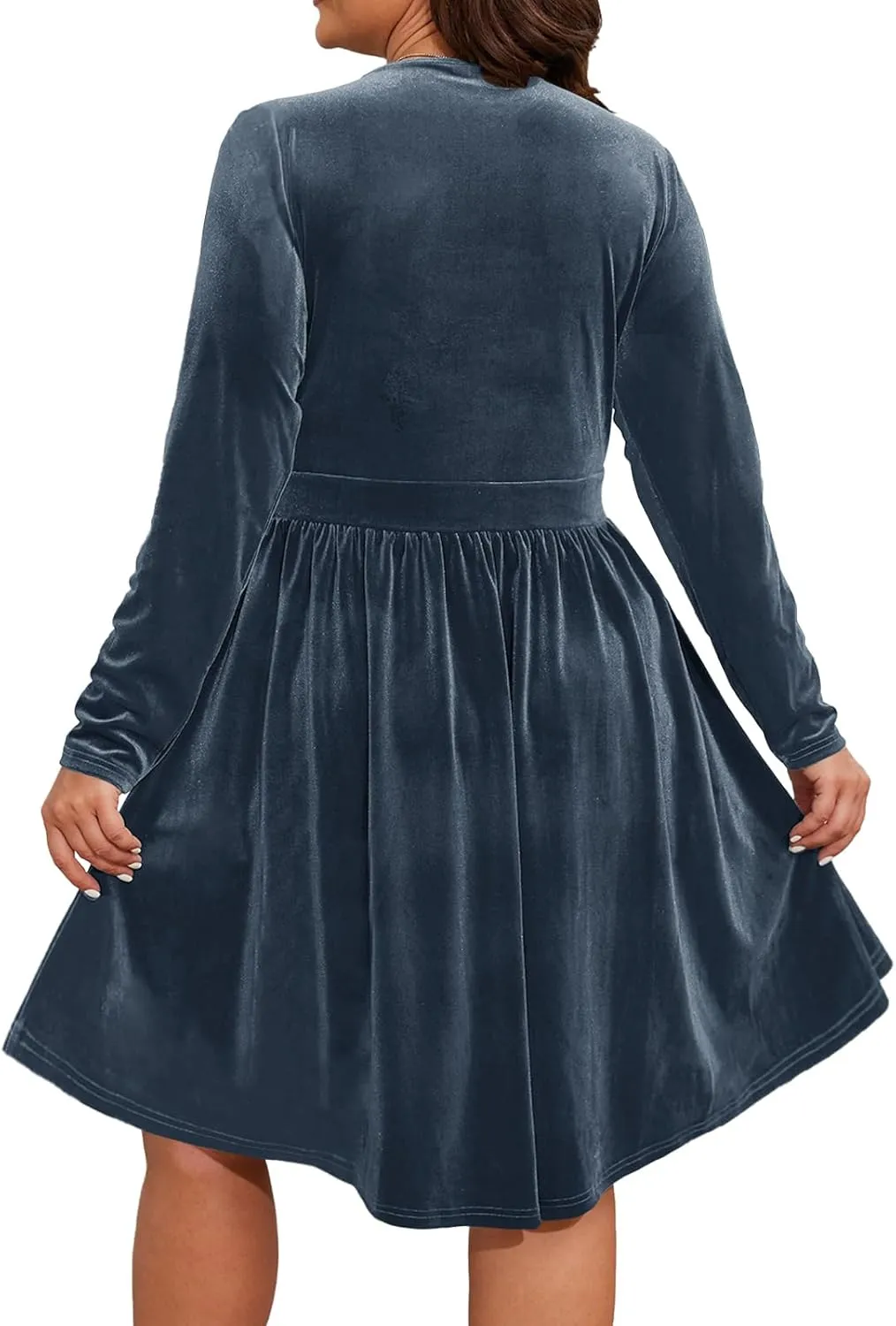 Womens Plus Size V Neck Velvet Dress Long Sleeve Wrap Empire Waist Midi Dress for Wedding Guest