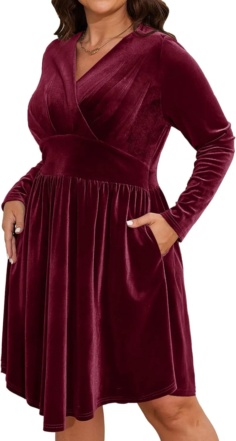 Womens Plus Size V Neck Velvet Dress Long Sleeve Wrap Empire Waist Midi Dress for Wedding Guest