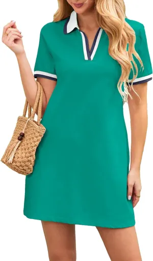 Women's Polo Dress Short Sleeve V Neck 2025 Casual Summer Mini Shirt Dress with Pockets