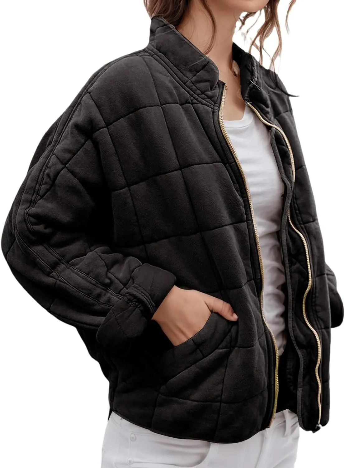 Womens Quilted Jackets Zip Up Puffer Jackets Lightweight Down Coats Casual Long Sleeve Winter Coats with Pockets