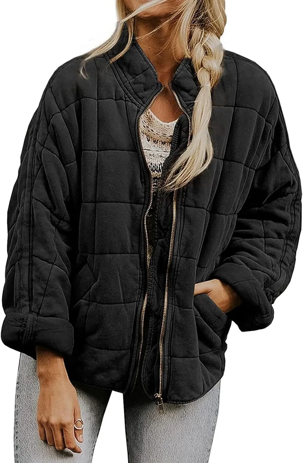 Womens Quilted Jackets Zip Up Puffer Jackets Lightweight Down Coats Casual Long Sleeve Winter Coats with Pockets