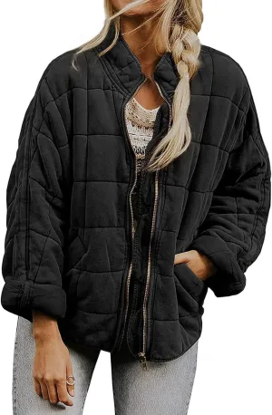 Womens Quilted Jackets Zip Up Puffer Jackets Lightweight Down Coats Casual Long Sleeve Winter Coats with Pockets