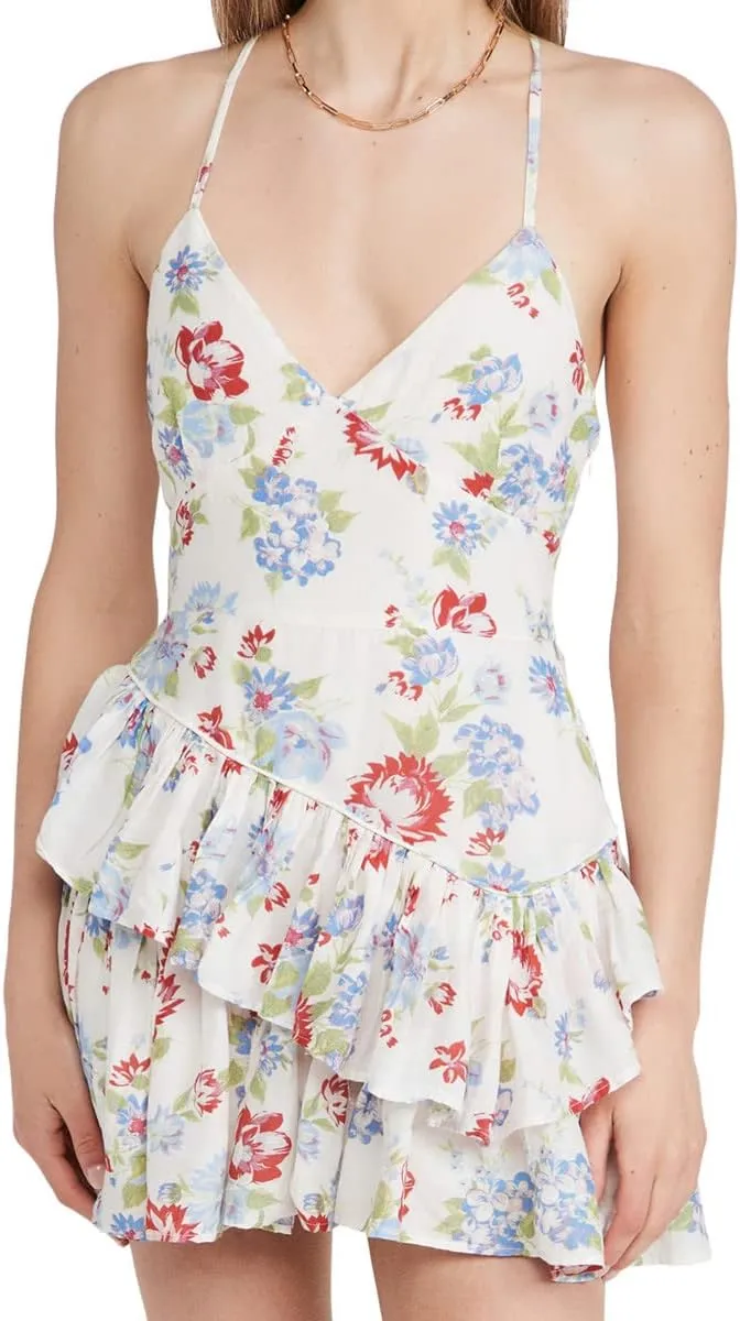 Womens Ruffle Floral Cross Back Boho Dress Sexy Spaghetti Adjustable Straps V Neck Beach Vacation Mini Dresses