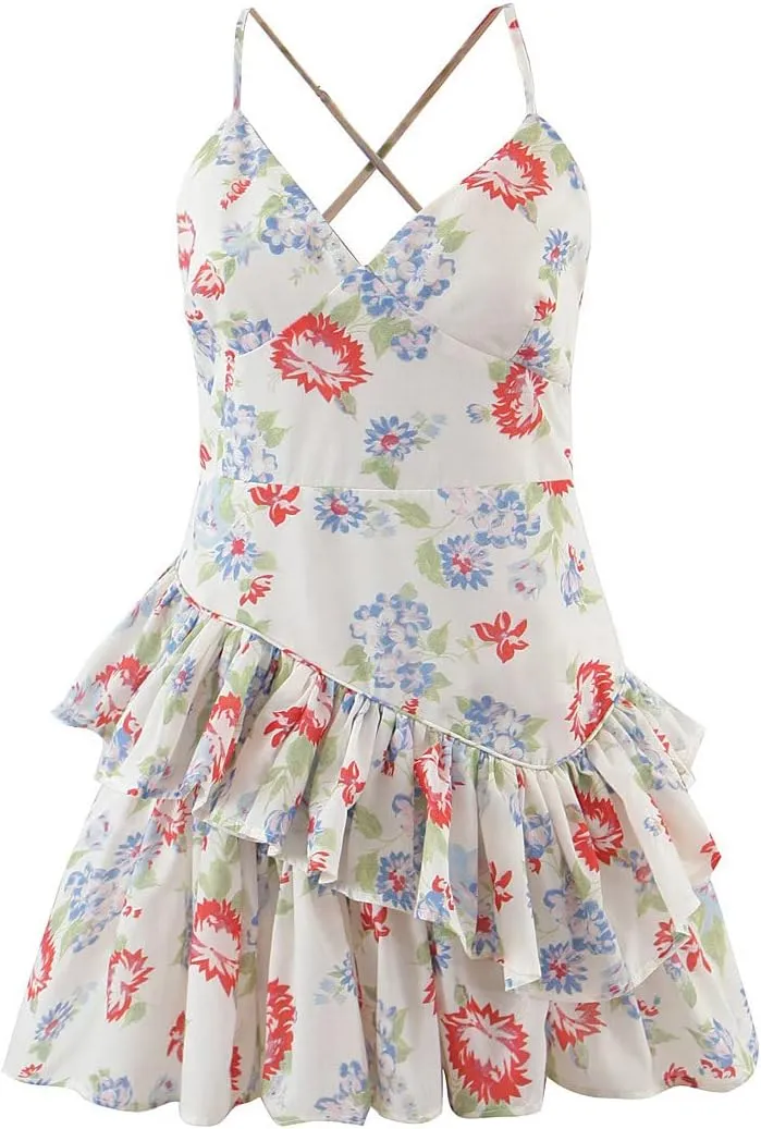 Womens Ruffle Floral Cross Back Boho Dress Sexy Spaghetti Adjustable Straps V Neck Beach Vacation Mini Dresses