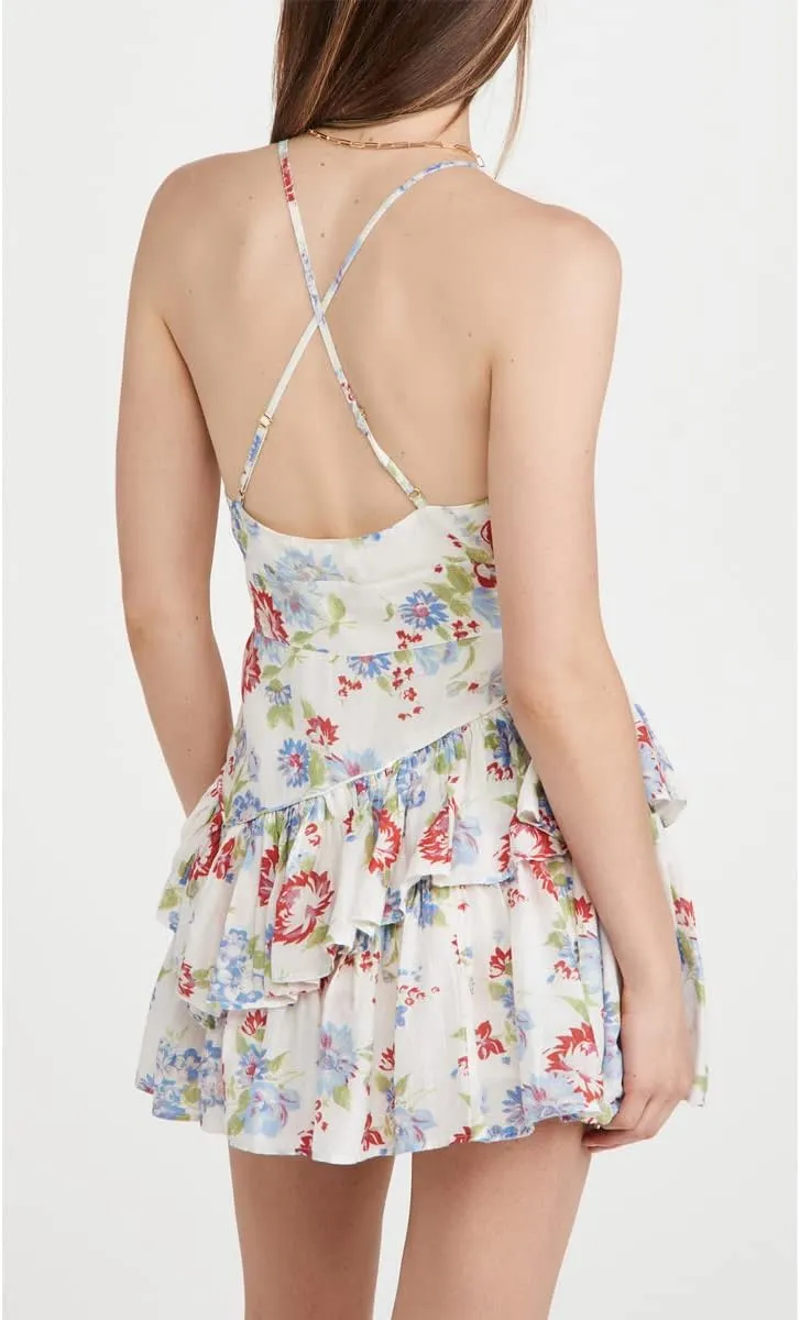 Womens Ruffle Floral Cross Back Boho Dress Sexy Spaghetti Adjustable Straps V Neck Beach Vacation Mini Dresses