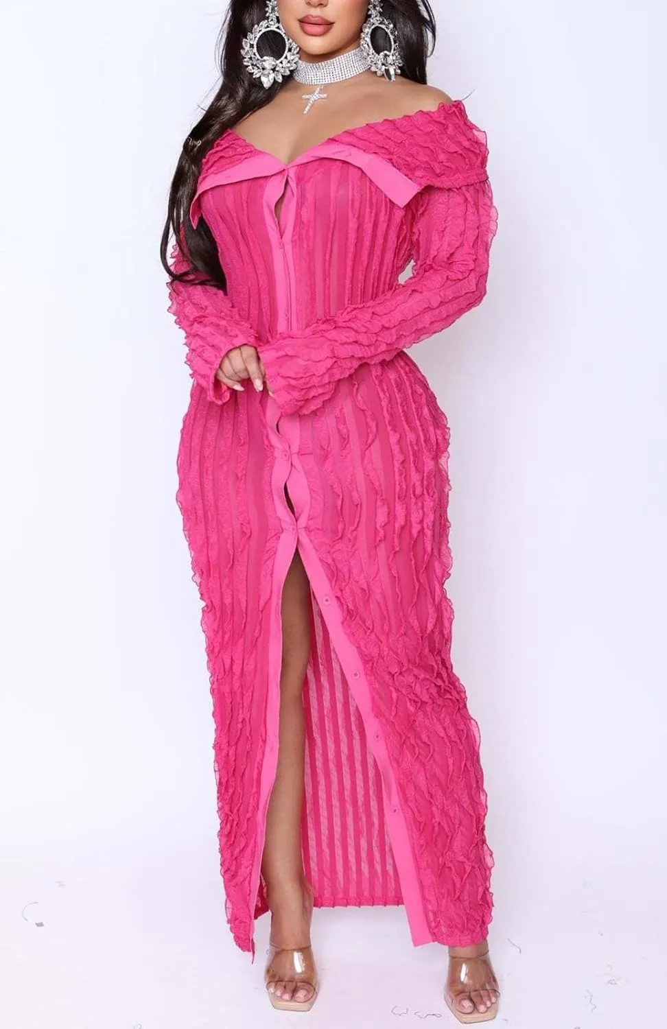 Womens Sexy Off Shoulder Maxi Dress Pleated See Through Flare Sleeve Button Down Slit Bodycon Long Dresses
