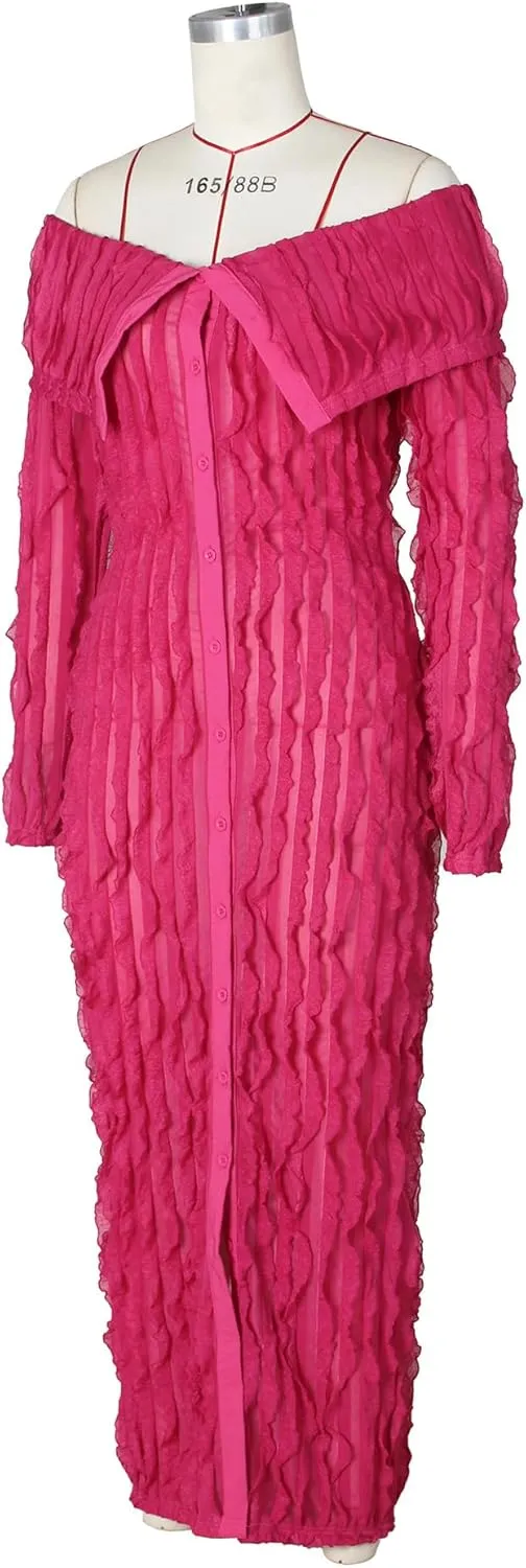 Womens Sexy Off Shoulder Maxi Dress Pleated See Through Flare Sleeve Button Down Slit Bodycon Long Dresses