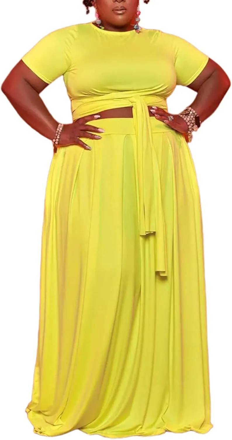 Womens Sexy Plus Size 2 Piece Dress Outfits Short Sleeve Bandage Wrap Empire Crop Tops and Skirt Sets
