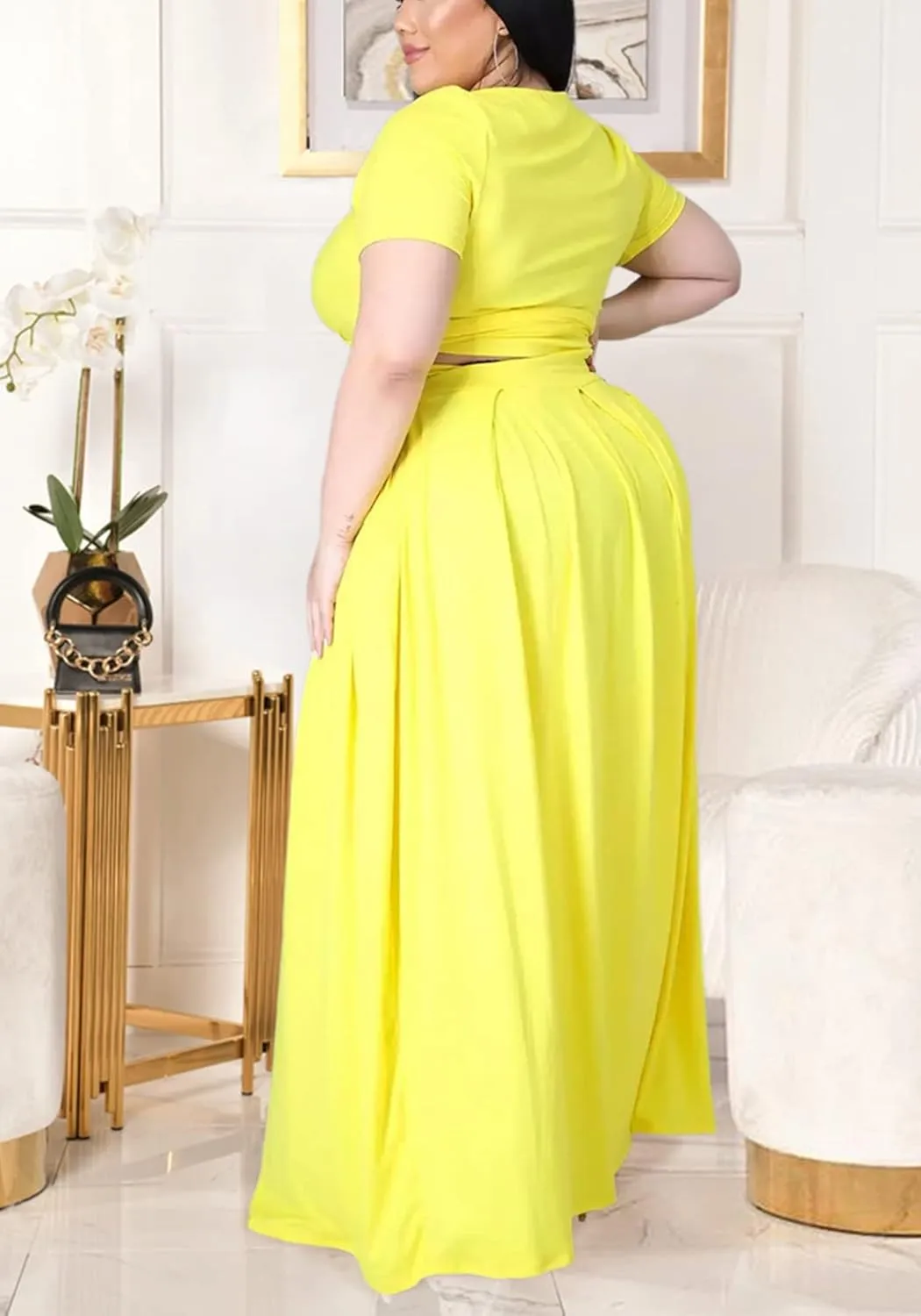 Womens Sexy Plus Size 2 Piece Dress Outfits Short Sleeve Bandage Wrap Empire Crop Tops and Skirt Sets