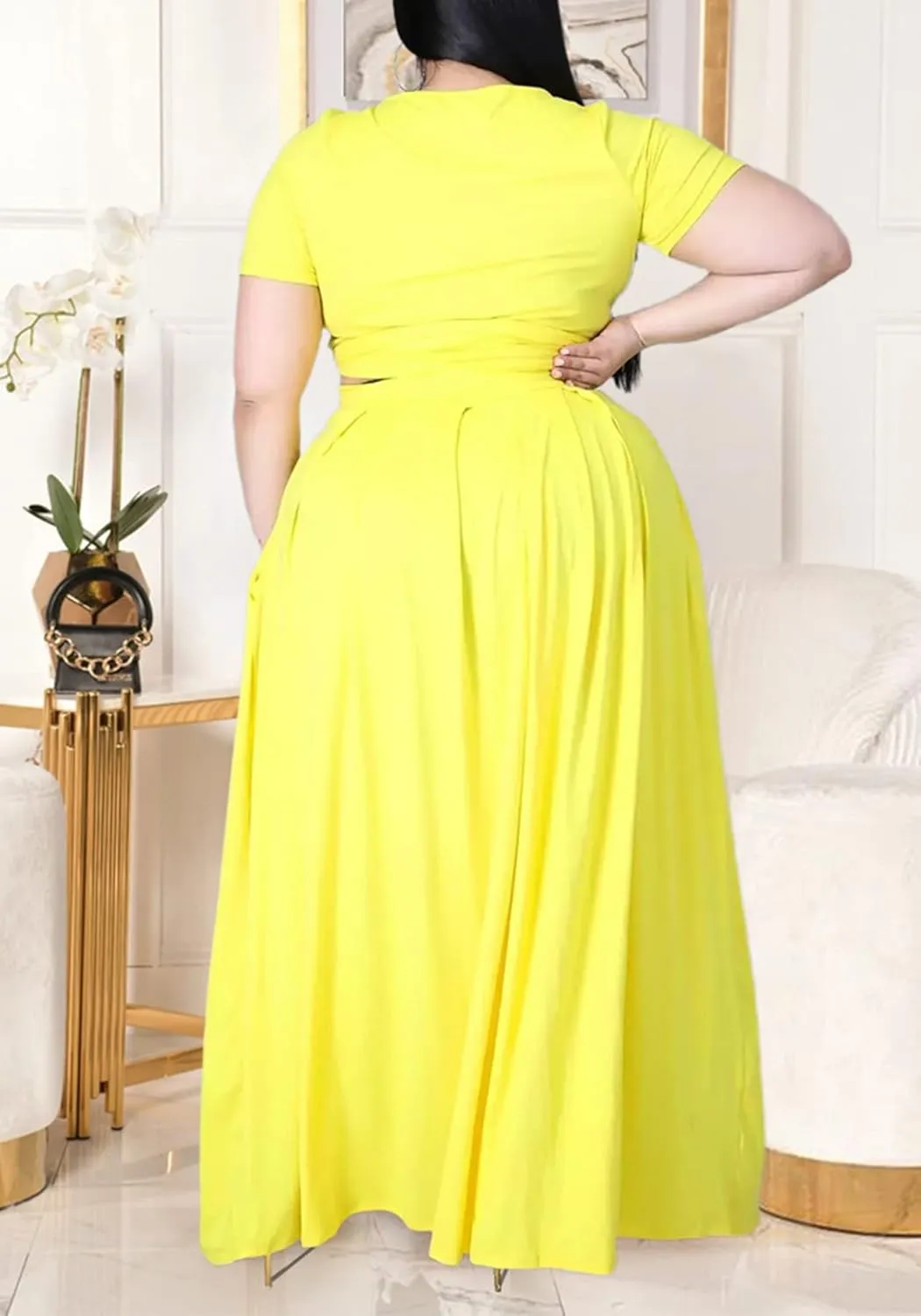 Womens Sexy Plus Size 2 Piece Dress Outfits Short Sleeve Bandage Wrap Empire Crop Tops and Skirt Sets