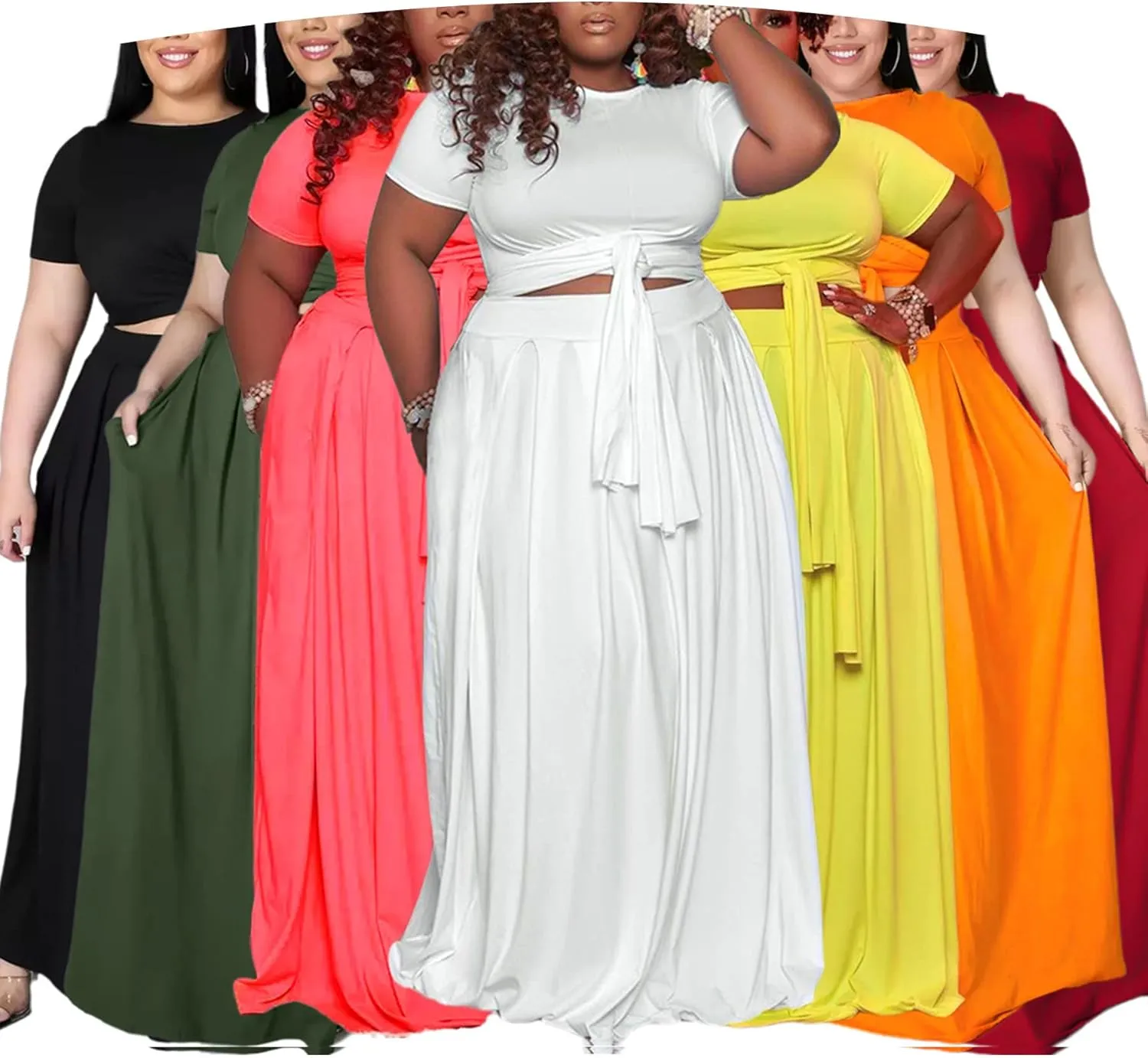 Womens Sexy Plus Size 2 Piece Dress Outfits Short Sleeve Bandage Wrap Empire Crop Tops and Skirt Sets