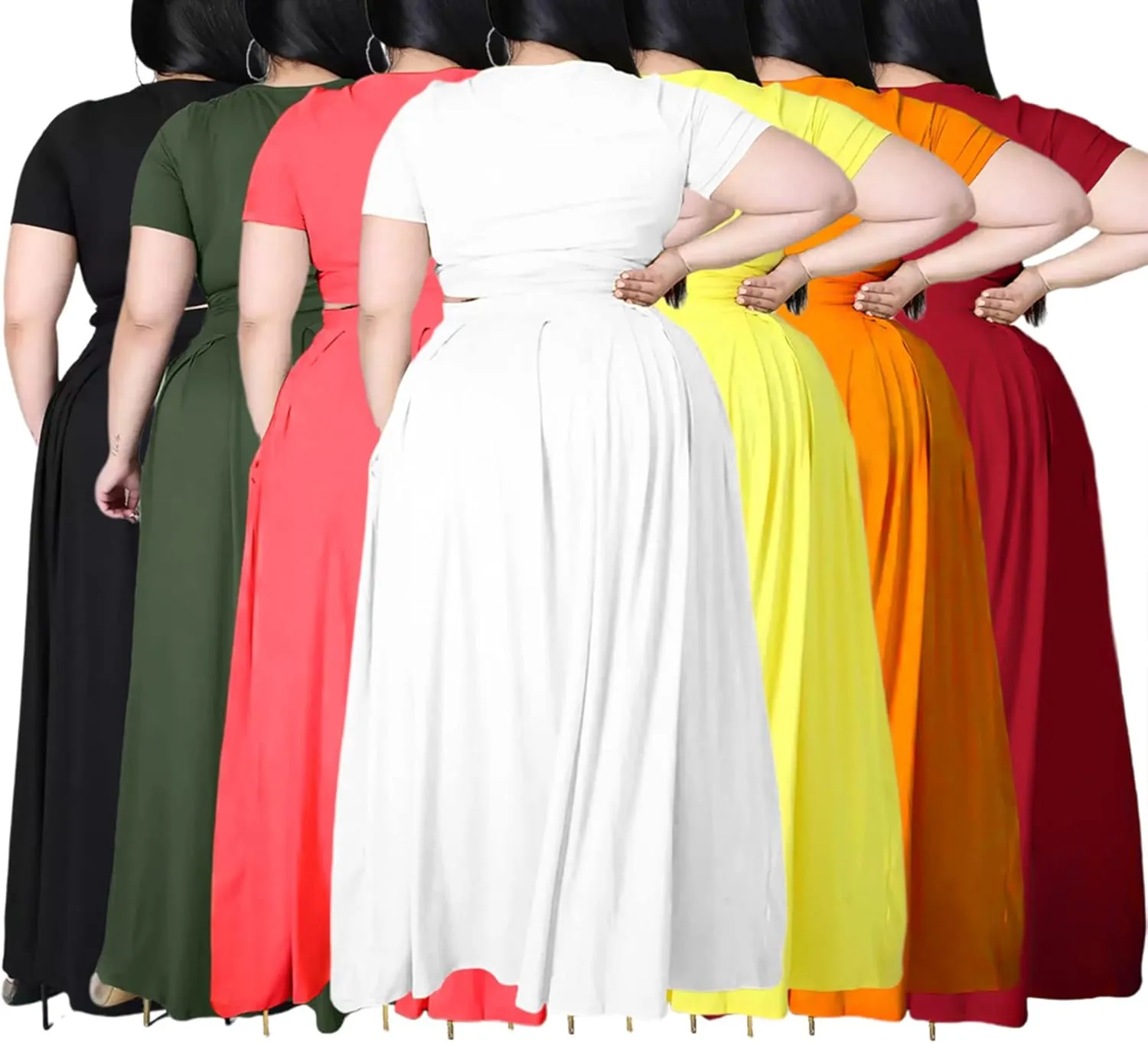 Womens Sexy Plus Size 2 Piece Dress Outfits Short Sleeve Bandage Wrap Empire Crop Tops and Skirt Sets