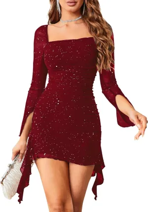 Womens Sexy Sequin Sparkly Glitter Dress Long Sleeve Square Neck Cocktail Evening Party Mini Dress