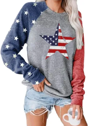 Womens Star Print Colorblock Shirt Long Sleeve American Flag 4th of July Pullvoer Blouse Tops