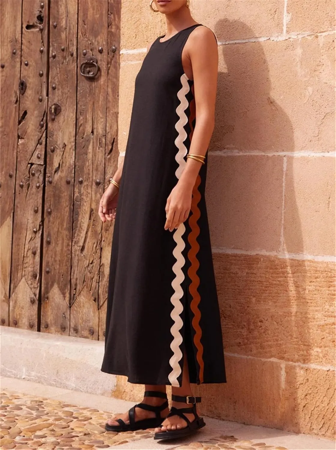 Women's Summer Boho Casual Sleeveless Beach Dress Long Side Slit Maxi Sundress