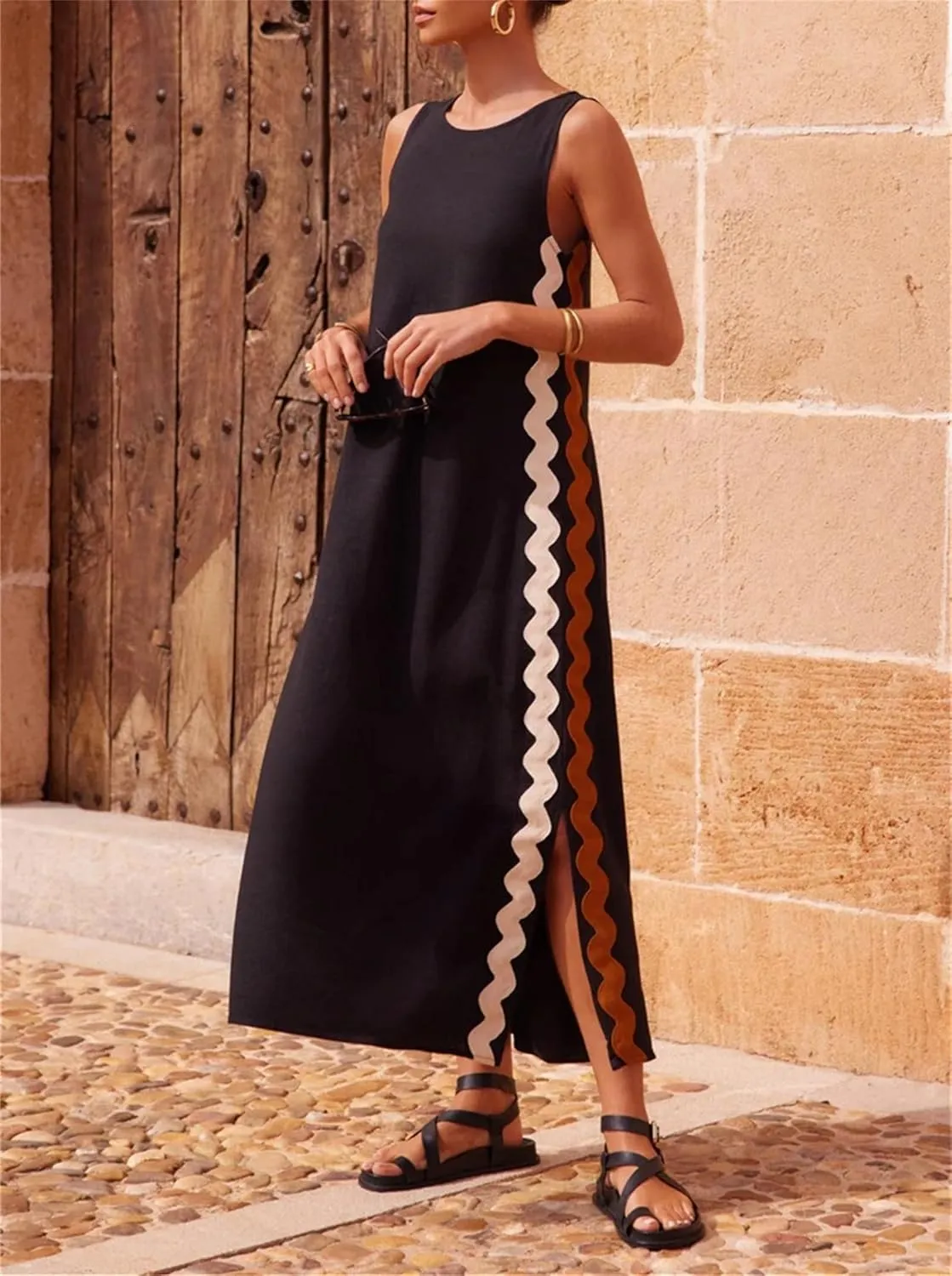 Women's Summer Boho Casual Sleeveless Beach Dress Long Side Slit Maxi Sundress