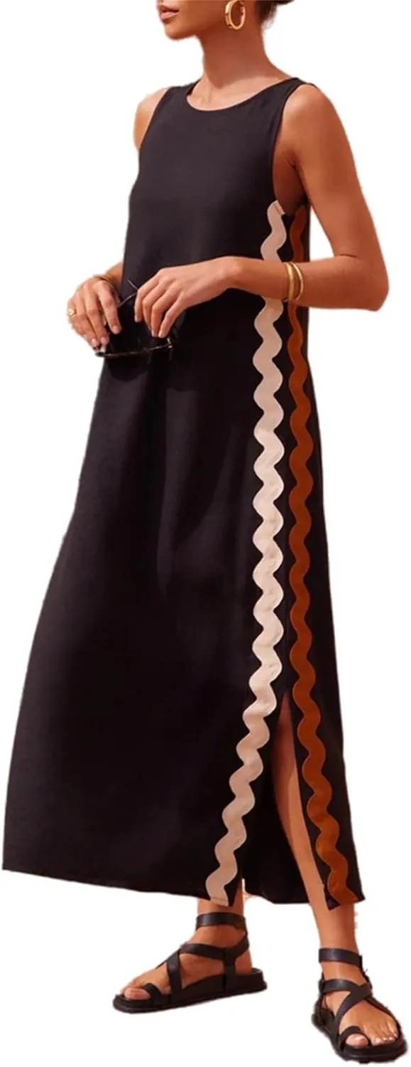 Women's Summer Boho Casual Sleeveless Beach Dress Long Side Slit Maxi Sundress