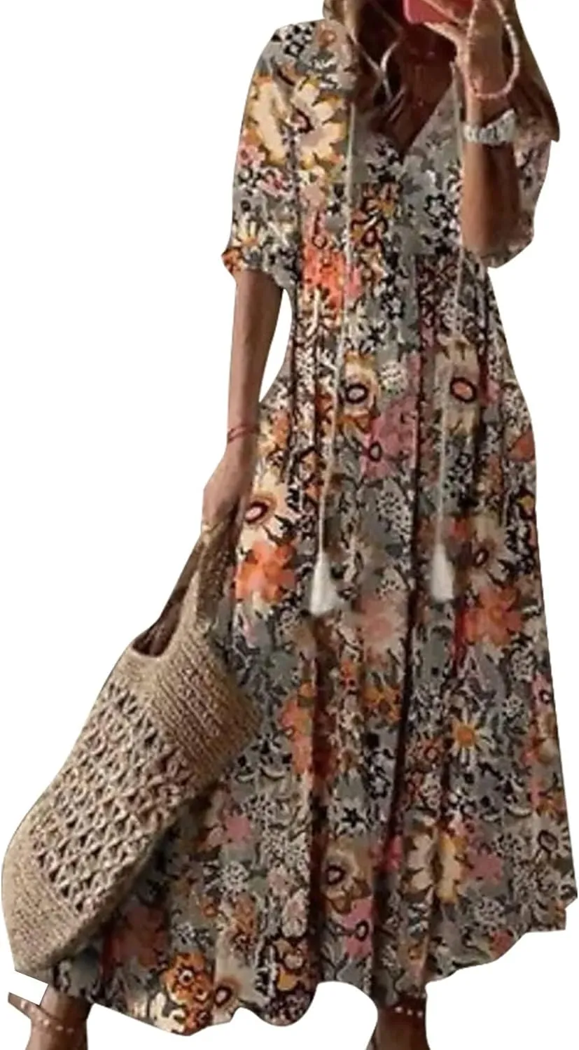 Women's Summer Boho Floral Ruffle Dress Short Sleeve Tiered Maxi Dresses V Neck Flowy Casual Fit Party Long Dress