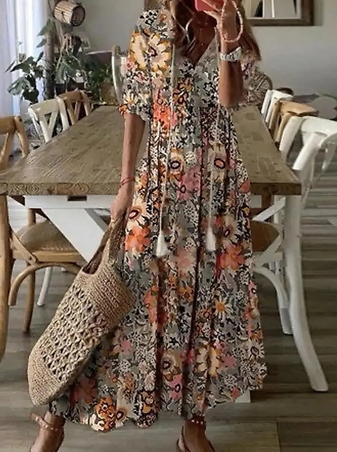 Women's Summer Boho Floral Ruffle Dress Short Sleeve Tiered Maxi Dresses V Neck Flowy Casual Fit Party Long Dress
