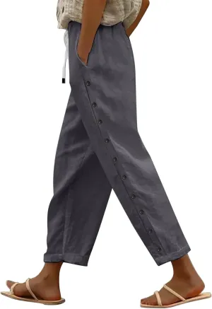 Women's Summer Casual Linen Pants Capri Pants with Pockets Wide Leg Cropped Pants for Women Crop Beach Trousers