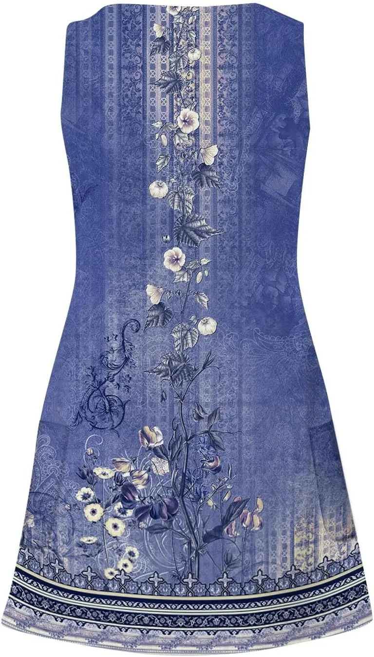 Women's Summer Dresses 2024 Beach Casual Sleeveless Floral Print Tank Dress V Neck Print Mini Sundress with Pocket