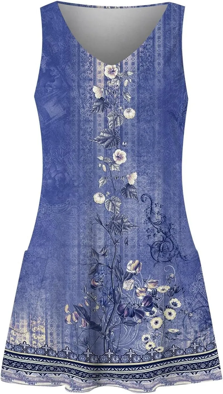 Women's Summer Dresses 2024 Beach Casual Sleeveless Floral Print Tank Dress V Neck Print Mini Sundress with Pocket