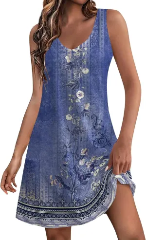 Women's Summer Dresses 2024 Beach Casual Sleeveless Floral Print Tank Dress V Neck Print Mini Sundress with Pocket