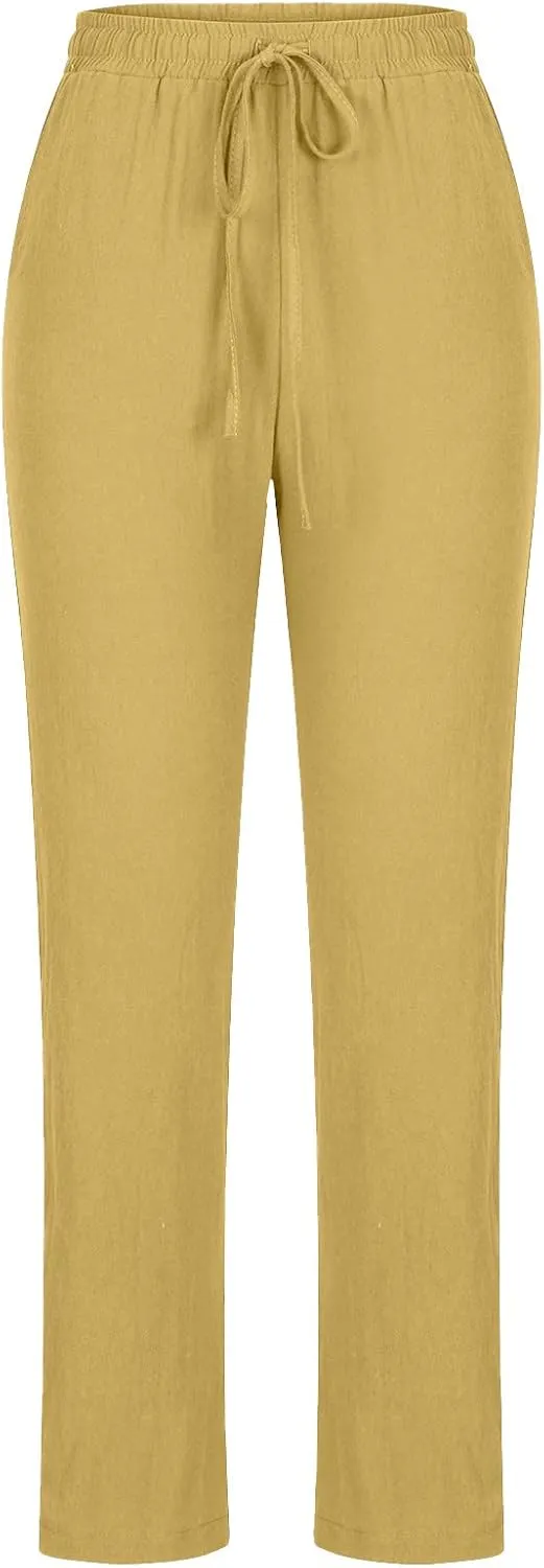 Womens Summer Fashion Casual Pants Linen Elastic Waist Drawstring Pants Comfy Loose Straight Leg Trousers with Pockets