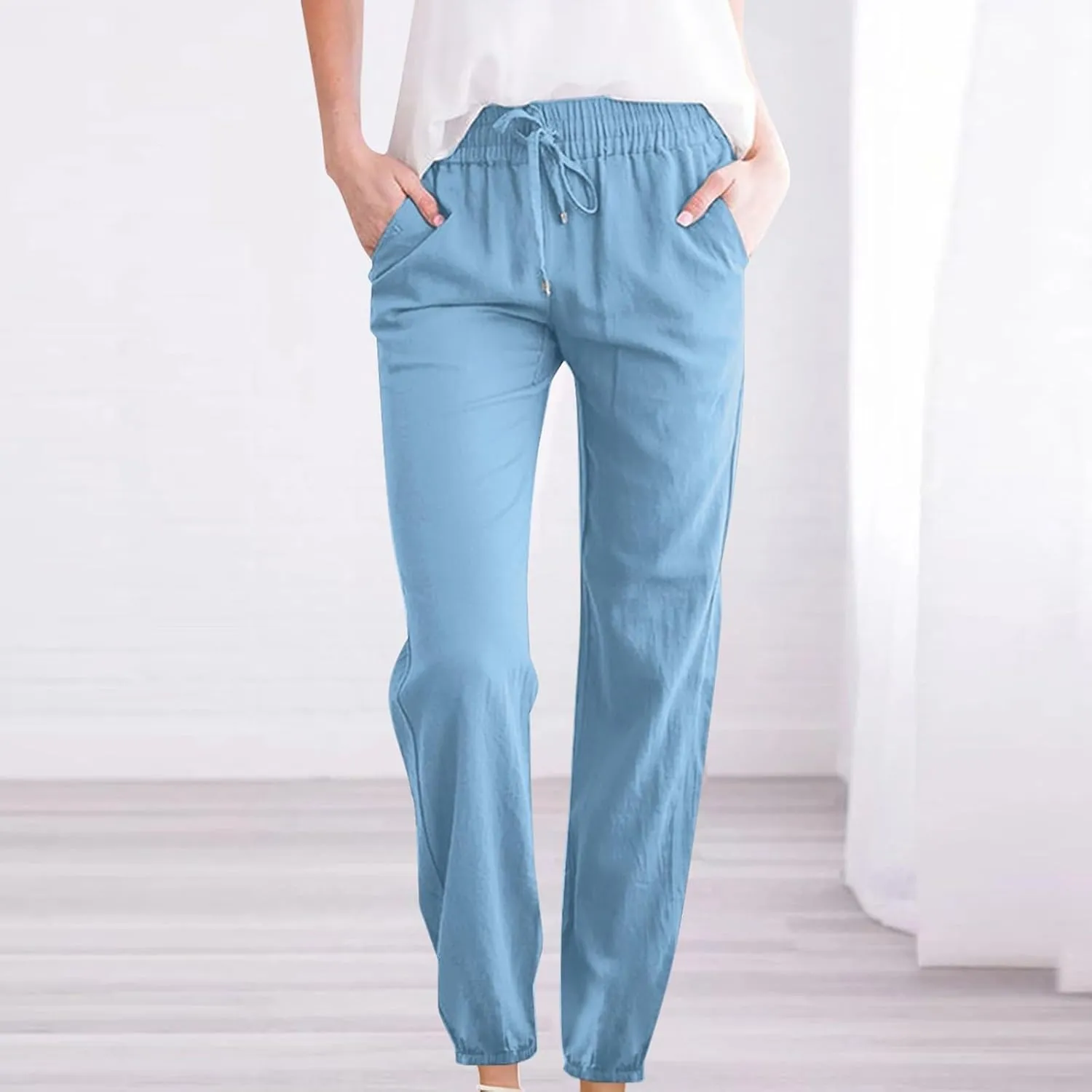 Womens Summer Fashion Casual Pants Linen Elastic Waist Drawstring Pants Comfy Loose Straight Leg Trousers with Pockets
