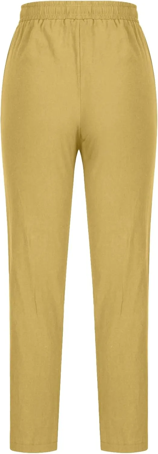 Womens Summer Fashion Casual Pants Linen Elastic Waist Drawstring Pants Comfy Loose Straight Leg Trousers with Pockets