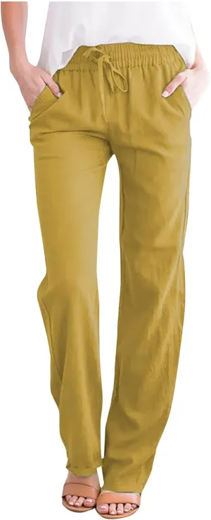 Womens Summer Fashion Casual Pants Linen Elastic Waist Drawstring Pants Comfy Loose Straight Leg Trousers with Pockets