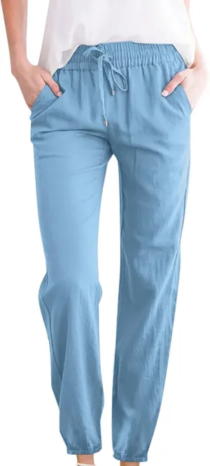 Womens Summer Fashion Casual Pants Linen Elastic Waist Drawstring Pants Comfy Loose Straight Leg Trousers with Pockets