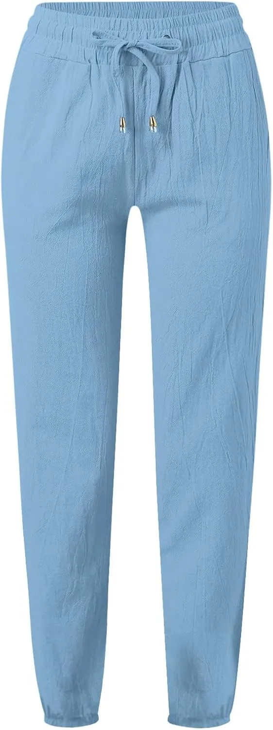 Womens Summer Fashion Casual Pants Linen Elastic Waist Drawstring Pants Comfy Loose Straight Leg Trousers with Pockets
