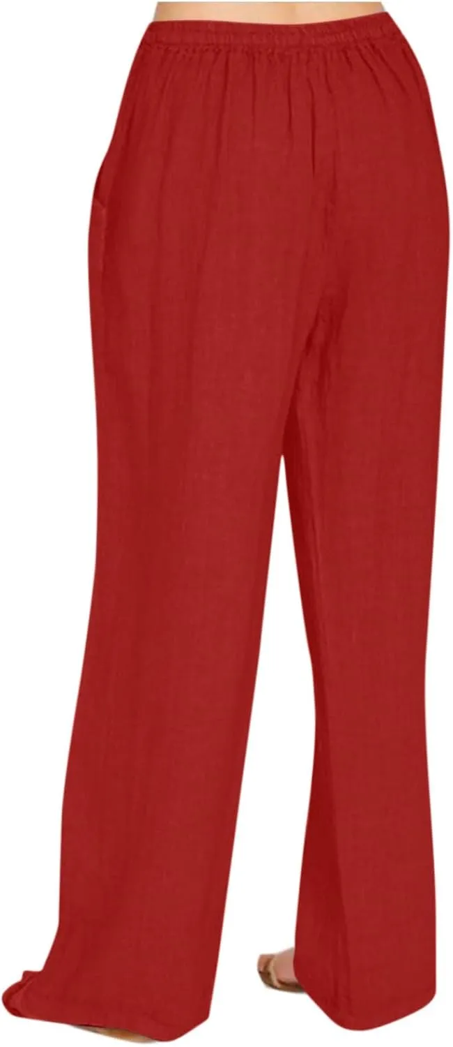 Women's Summer High Waist Baggy Pants, Loose Fit Cotton Linen Home Pants Casual Solid Elastic Waist Pocket Trouser