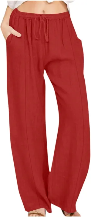 Women's Summer High Waist Baggy Pants, Loose Fit Cotton Linen Home Pants Casual Solid Elastic Waist Pocket Trouser