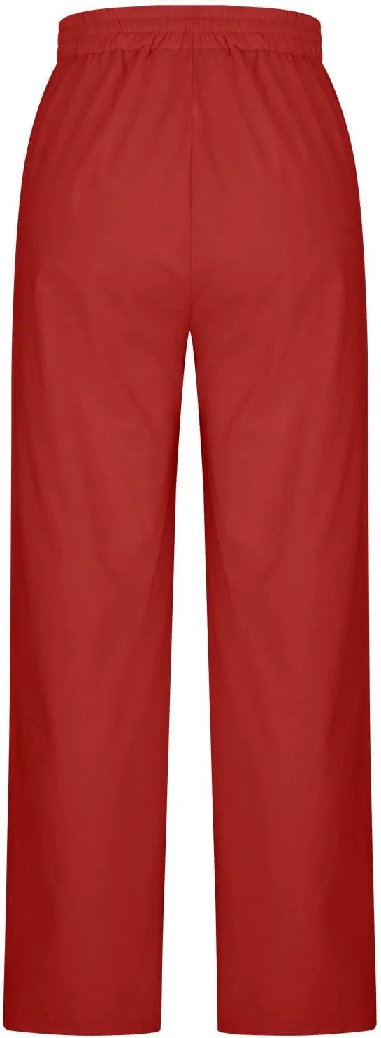 Women's Summer High Waist Baggy Pants, Loose Fit Cotton Linen Home Pants Casual Solid Elastic Waist Pocket Trouser
