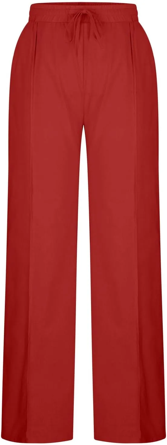 Women's Summer High Waist Baggy Pants, Loose Fit Cotton Linen Home Pants Casual Solid Elastic Waist Pocket Trouser