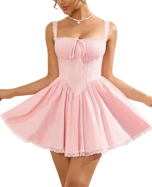 Womens Summer Mini Dress Square Neck Tie Front Lace Spliced Ruched Backless Casual Party Graduation Short Bodycon Dresses