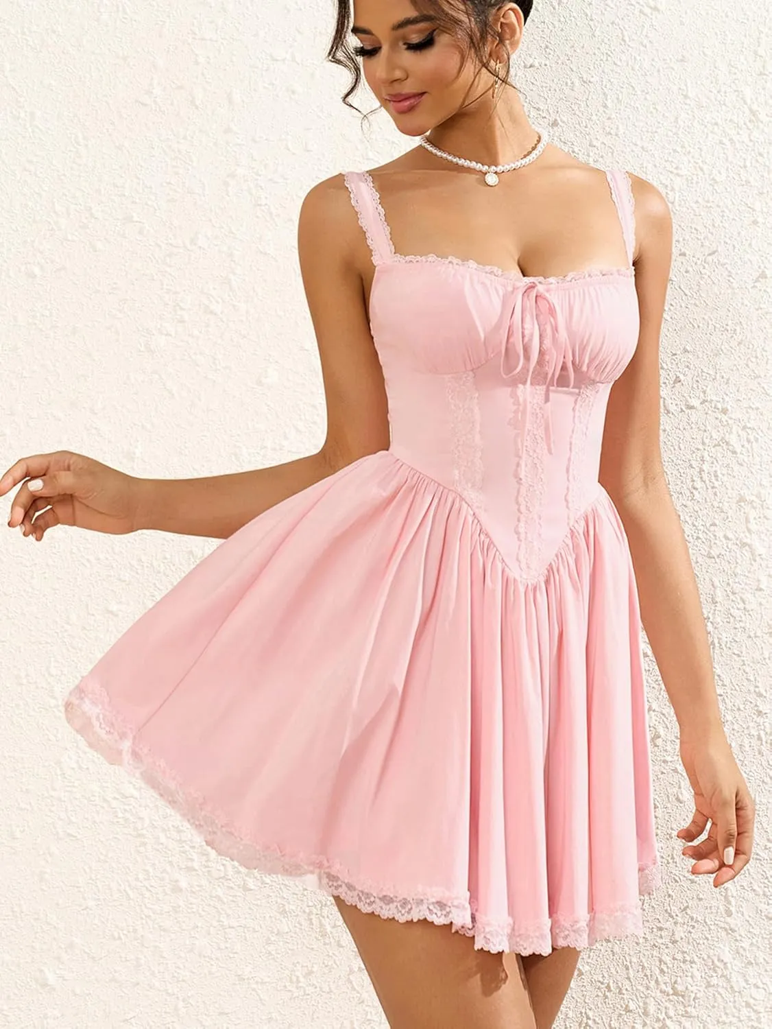 Womens Summer Mini Dress Square Neck Tie Front Lace Spliced Ruched Backless Casual Party Graduation Short Bodycon Dresses