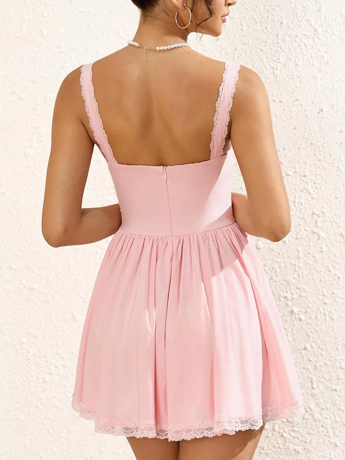 Womens Summer Mini Dress Square Neck Tie Front Lace Spliced Ruched Backless Casual Party Graduation Short Bodycon Dresses