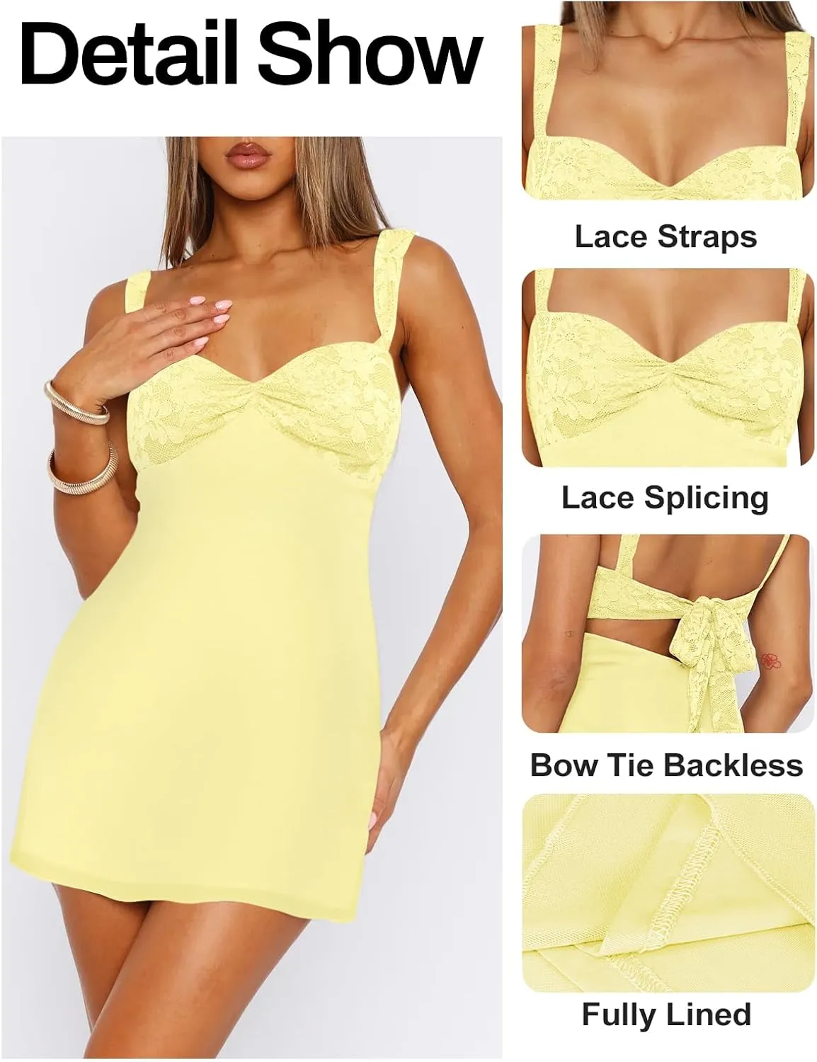 Women's Summer Mini Dresses Sleeveless Sexy Square Neck Lace Splicing Cocktail Party Straps Bodycon Dress
