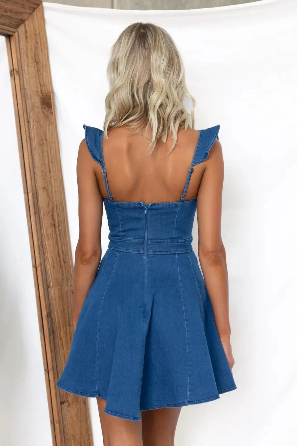 Womens Summer Ruffle Sleeveless Adjustable Strap Denim Mini Dress Casual Backless A Line Short Dress