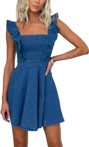 Womens Summer Ruffle Sleeveless Adjustable Strap Denim Mini Dress Casual Backless A Line Short Dress