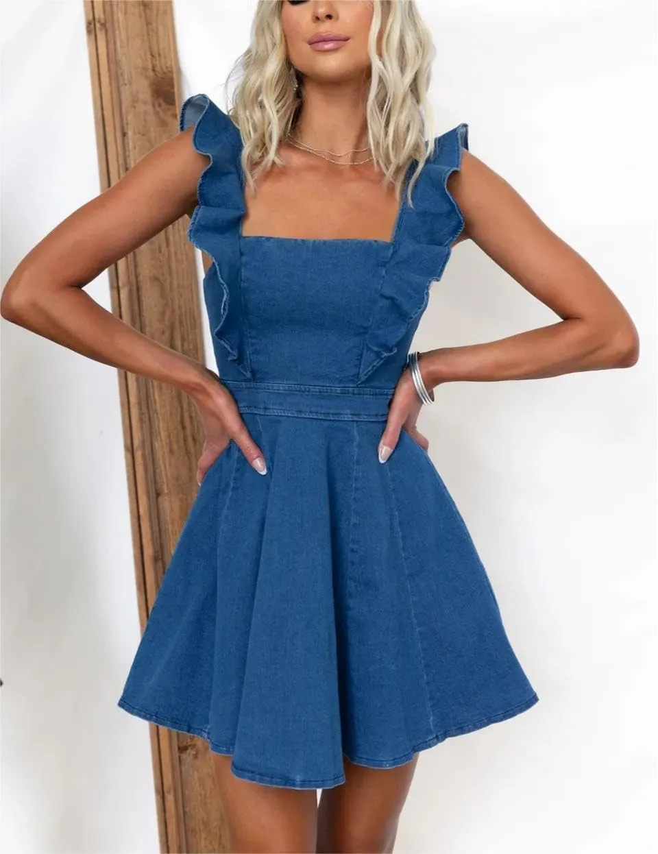 Womens Summer Ruffle Sleeveless Adjustable Strap Denim Mini Dress Casual Backless A Line Short Dress