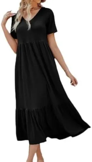 Women's Summer Short Sleeve V Neck Swing Dress Flowy Tiered Maxi Beach Sundress with Pockets