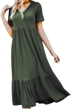 Women's Summer Short Sleeve V Neck Swing Dress Flowy Tiered Maxi Beach Sundress with Pockets